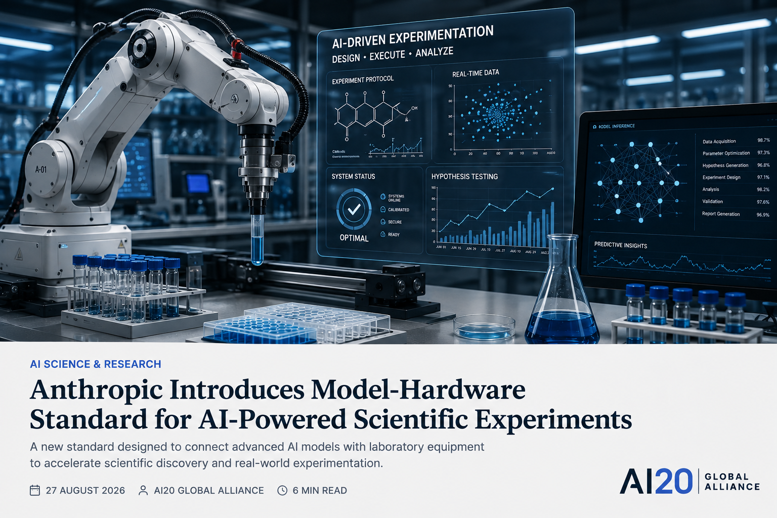 AI-enabled scientific laboratory with a robotic arm, automated research equipment and digital experiment analysis systems.